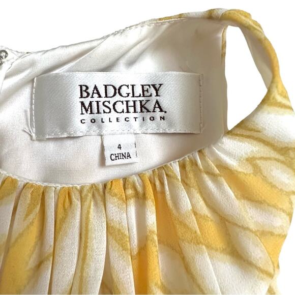 Badgley Mischka Dress Yellow White Paradiso Sleeveless Beaded Waist Midi Size 4 - Picture 2 of 13